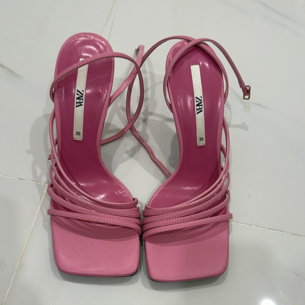 Zara Pink Strappy Square-Toe Heels